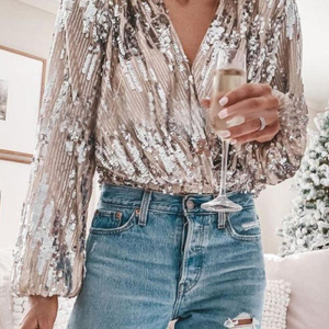 Elegant Patchwork Fold Sequins V Neck Blouses